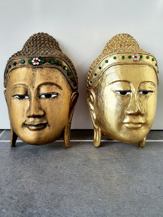 ¡Máscaras de Buda! ¡Myanmar dorado en oro, decorado con piedras de cristal! (2) - Madera dura - Buda - Myanmar - Segunda mitad del siglo XX