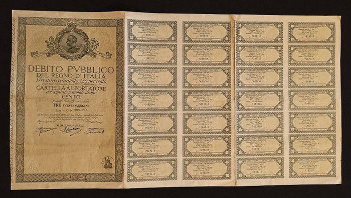 Regno d'Italia 1934 - Debito Pubblico cartella al portatore Lire 100 (1) - Carta