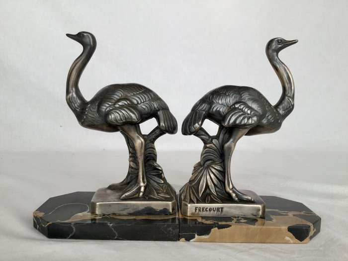 Maurice Frécourt - Establecer sujetalibros Art Deco Firmado "FRECOURT", representación de avestruces