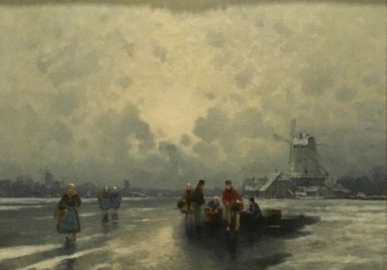 Carl Bergfeld ( 1837- 1920) - Winterlandschaft niederländische Fischer auf einem vereisten See