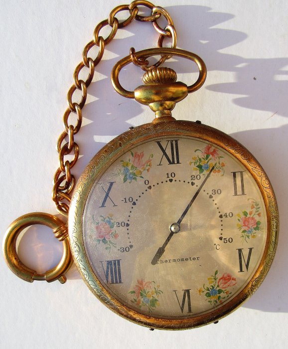 Termômetro antigo na forma de um relógio de bolso latino muito grande (com gravuras) - Estilo Império - Cobre, Vidro