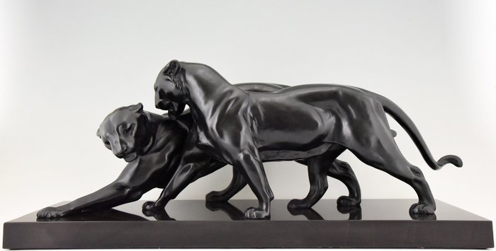 Plagnet - 装饰艺术风格的大型雕塑两只豹76厘米。