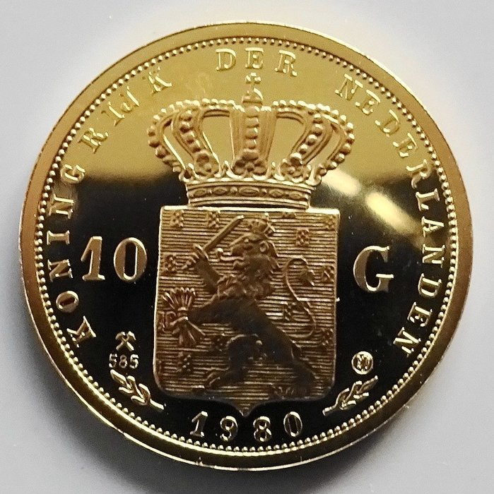 荷蘭 - 10 gulden 1980 "Kroningstientje Beatrix" herslag goud - 金色