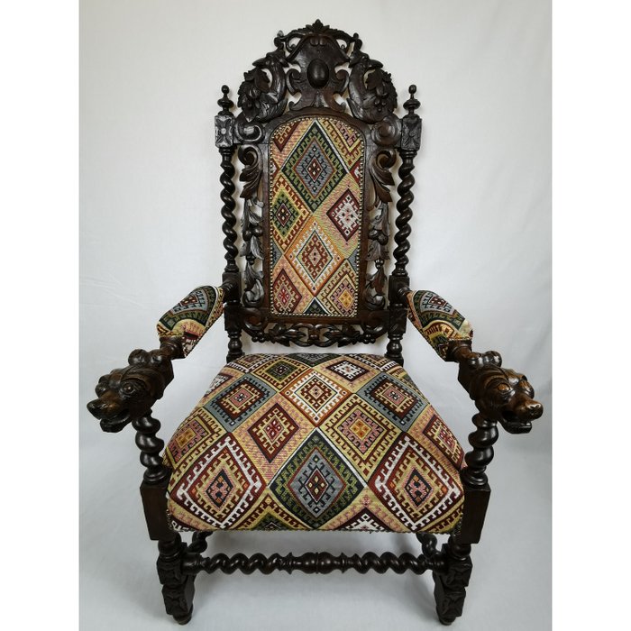扶手椅, 维多利亚时代的哥特式复兴王座扶手椅 - 橡木和/或胡桃木 - 大约1880年