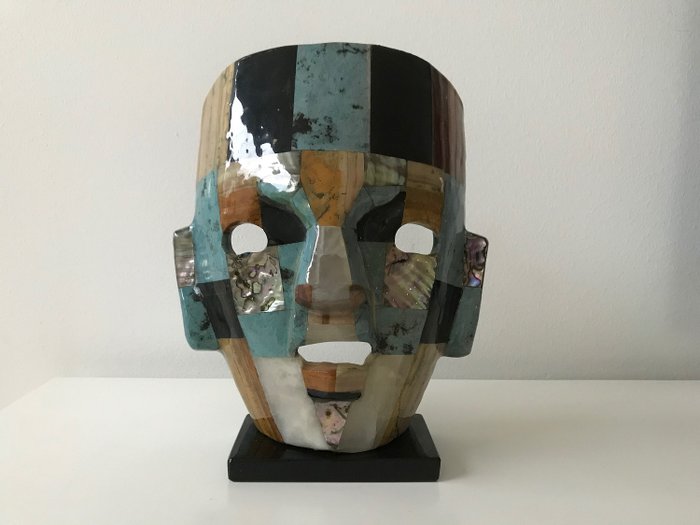 Meksikansk maske, halvedelstener, perlemor, kvart Poleret - 21×17×9 cm - 880 g