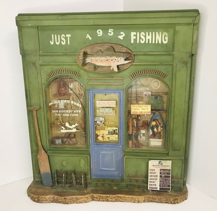 Diorama, vitrine miniature d’un ancien magasin de pêche - Art populaire - Bois