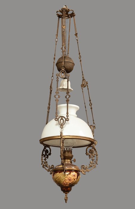 Olie hanglamp met katrol in originele staat, Nederland, begin vorige eeuw (1) - Brons, Keramiek