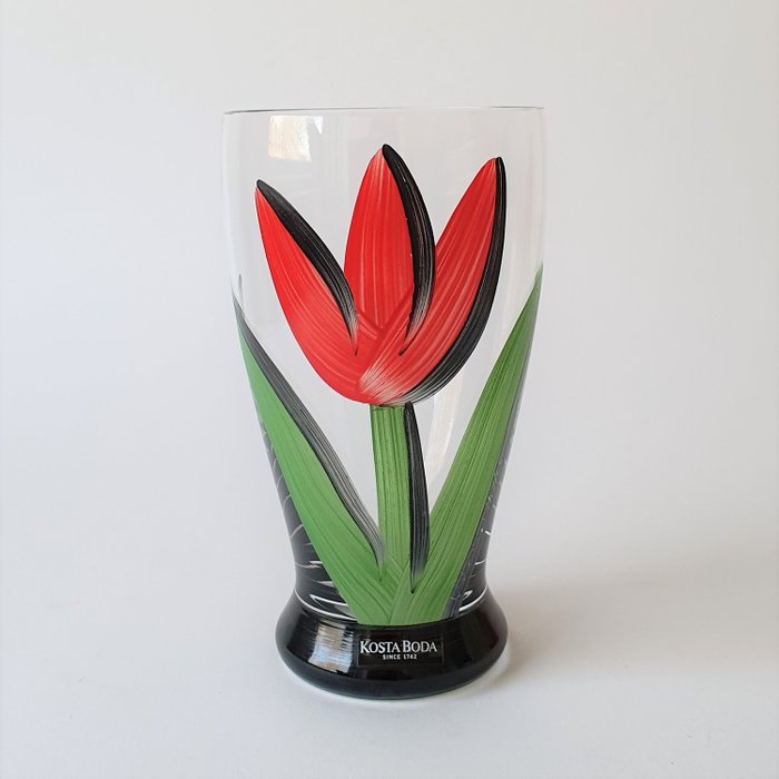 Ulrica Hydman-Vallien - Kosta Boda - Vase med tulipan - Kunstnersamling - Underskrevet - Krystal