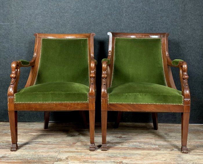 Ζευγάρι των αυτοκρατορικά-στυλ μαόνι-καρέκλες πολυθρόνες - Mahogany - 1900