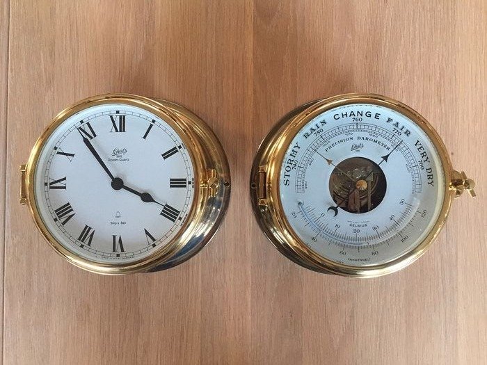 Ship's barometer, Ship's clock, 精美的老式电视机。 Schatz Ocean Quartz船上的时钟和带有温度计的Schatz气压计 - 玻璃, 黄铜 - 20世纪下半叶
