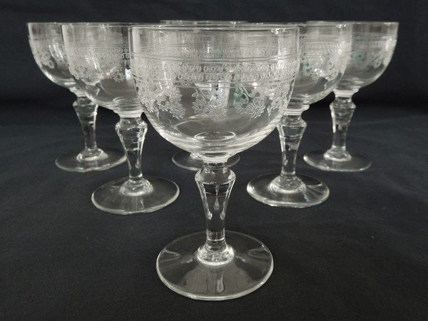 Baccarat - 6 copas de vino decoración Pompadour grabado del catálogo de 1916 - Cristal