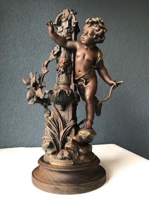Émile Bruchon (act. ca. 1880-1910)- Lovely statue – “Fontaine de Jouvence” – Hout, Zamak – ca. 1900