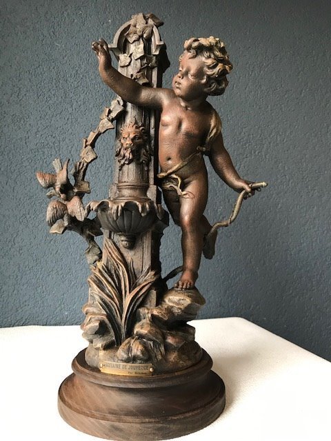 Émile Bruchon (act. ca. 1880-1910)- Lovely statue – “Fontaine de Jouvence” – Hout, Zamak – ca. 1900