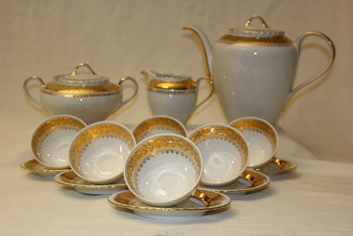 Royal ADP Porcelaine de Luxe Limoges - Juego de té para 6 (15) - Porcelana dorada con oro fino.