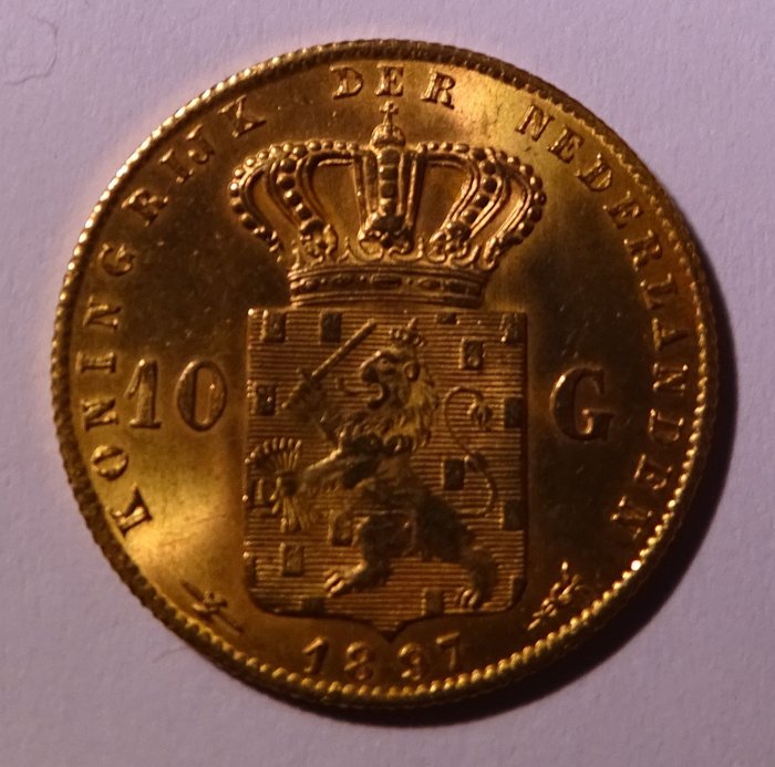 荷蘭 - 10  Gulden 1897  Wilhelmina - 金色