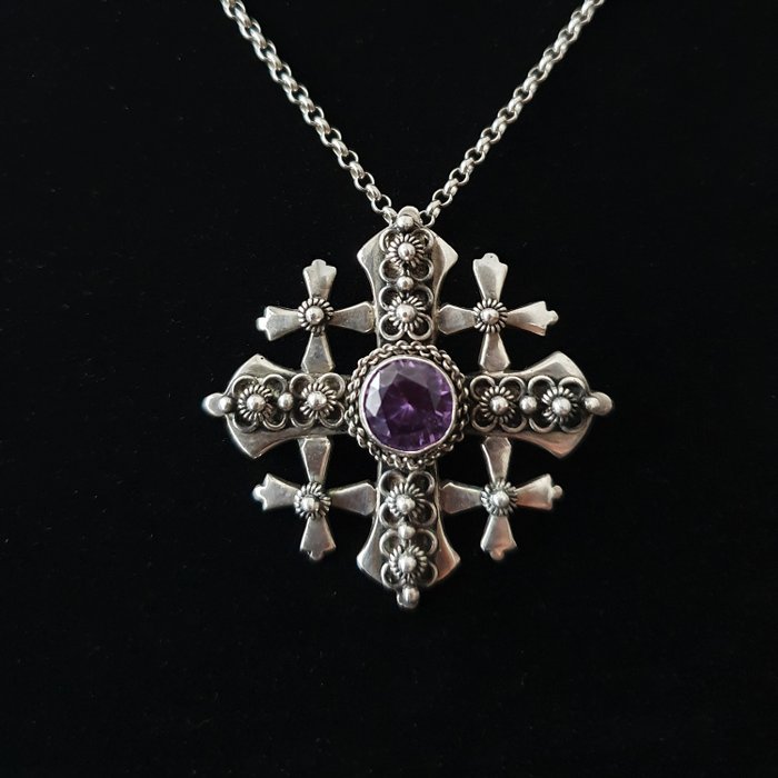 900 銀 - 銀色Jersulalem十字軍與紫水晶