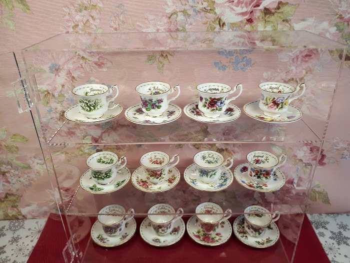 Royal Albert - Flowers of the Month - Miniature Cup and Saucers with Cabinet - Romantic - Porcelain