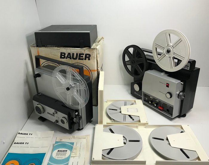 Bauer T5 Filmprojector en een  Silma S222 sound filmprojector (Super) 8mm film, samen met 4 super8 films van Cinebook Grasso