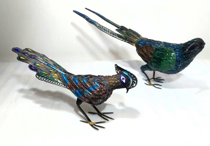 Hopea linnut (2) - Hopea filigraani ja cloisonné-emali - Sterling silver 925 - Fasaani ja harakka - Kiina - 20. c puoliväli