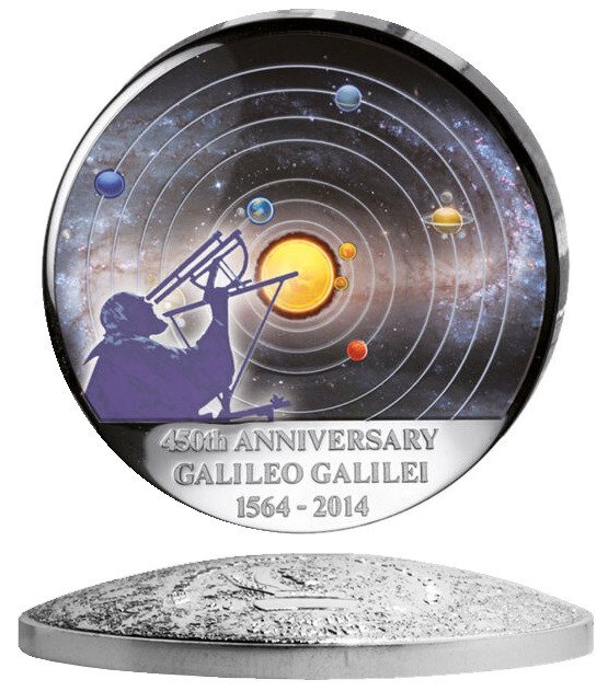 Congo. 30 Francs 'Galileo Galilei 450th Anniversary' Curved Dome Moon - 1 oz