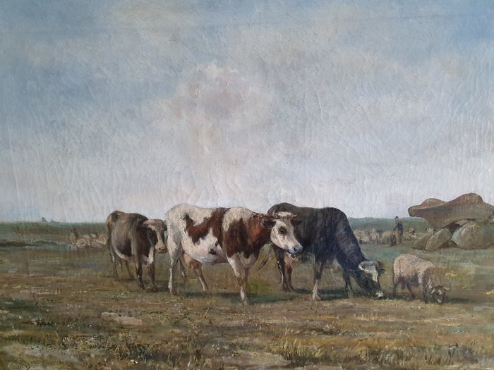 J. van Vliet (19e, begin 20e eeuw) - Drents heidelandschap met hunnebed, koeien, schapen en herder.