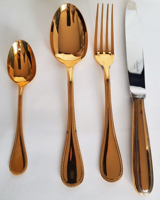 Christofle - Christofle Perles, Gilt cutlery flatware dinnerset - 18 Karat Gold gilded over Silverplate