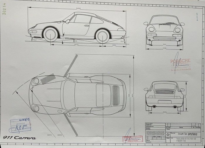 Dekoratives Objekt - ARTwork Porsche 911 Carrera (993) - 1993 Blueprint / Konstruktionszeichnung/ Blueprint. - Porsche - 1990-2000