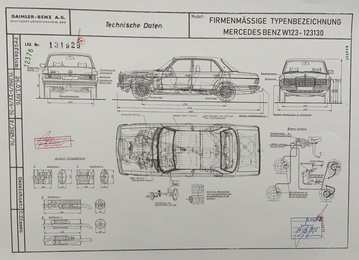 przedmiot ozdobny - Artwork Mercedes W123 Limousine Blueprint Konstruktionszeichnung - Mercedes-Benz - 1970-1980