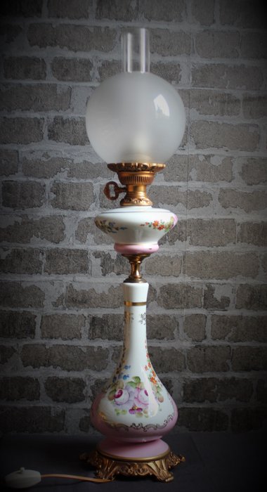 Limoges - 大型电动里摩日油灯（70厘米） - 玻璃, 瓷, 黄铜色