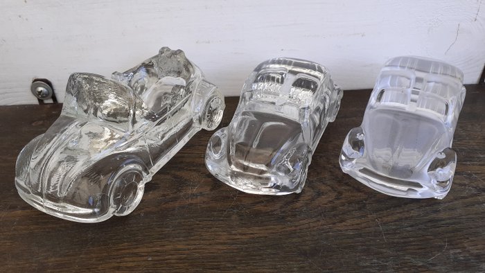 szklany przycisk do papieru / rzeźba 3 sztuki VW Beetle - Cabrio - saloon - Volkswagen