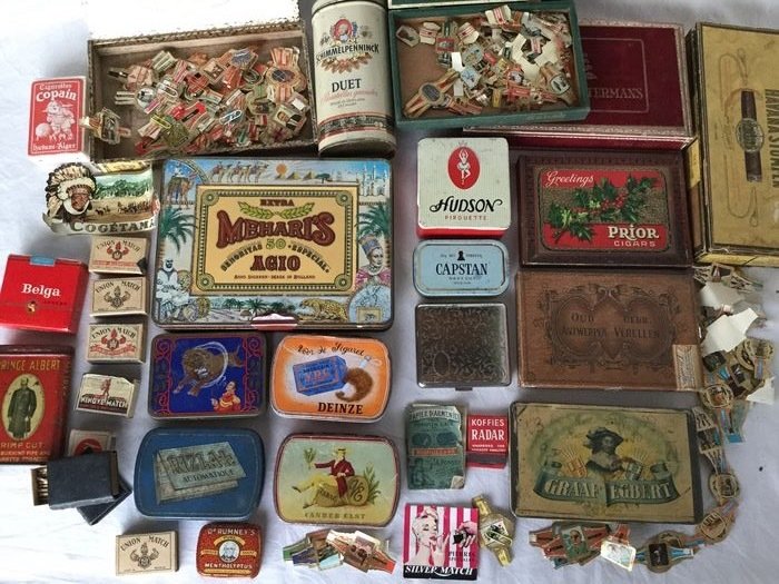 large lot of old boxes with advertisements, tobacco, snuff, cigars and cigarettes - and great lot of cigar bands