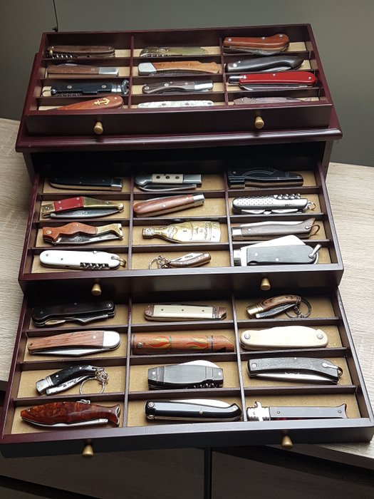Francia - Ancienne et superbe collection de 36 couteaux de poche en coffret - Cuchillo