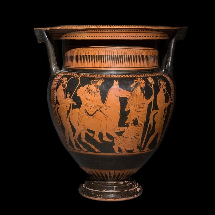 Antico Greco Ceramica Cratere di colonne. Efesto pittore. Il ritorno di Efesto all'Olimpo con Dioniso. 49 cm H.