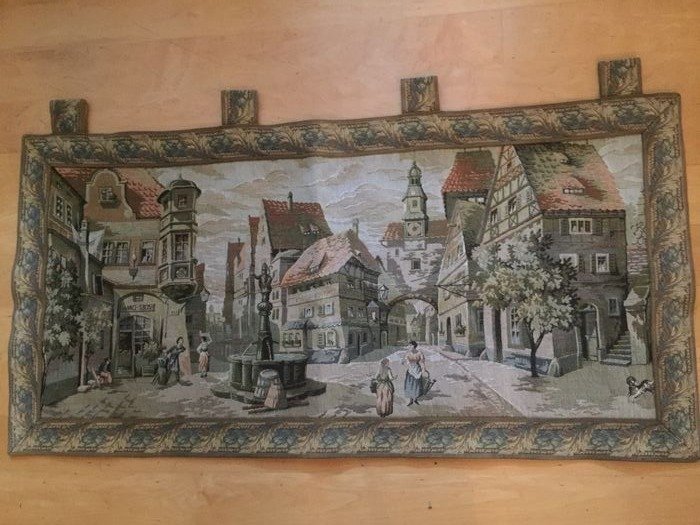Tapiz de gobelino que representa la plaza del pueblo a finales de la Edad Media (1) - Gobelino