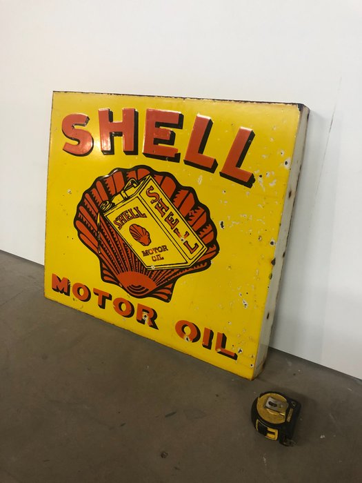 letrero de esmalte de doble cara - Motor oil - Shell - 1930-1940