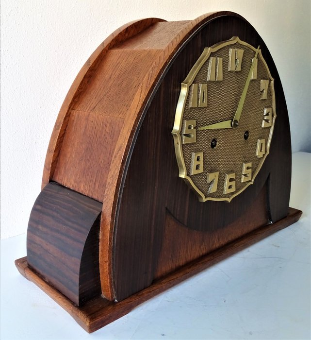 H. Marchal Art Nouveau School clock – H.Marchal La Haye – Brons (verguld/verzilverd/gepatineerd/koud geschilderd), Hout, Coromandel, Hout, Eiken, Messing – Begin 20e eeuw