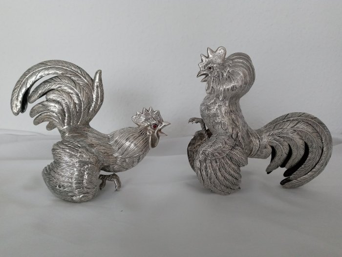 Figurines d'oiseaux, coq et coqs (2) - Argent 925 - Espagne - Première moitié du XXe siècle