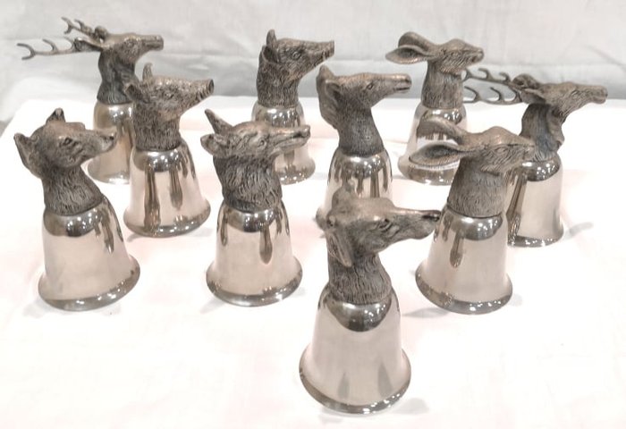 Collectible stemware goblets with animal heads bases (10) - Silver-plated metal