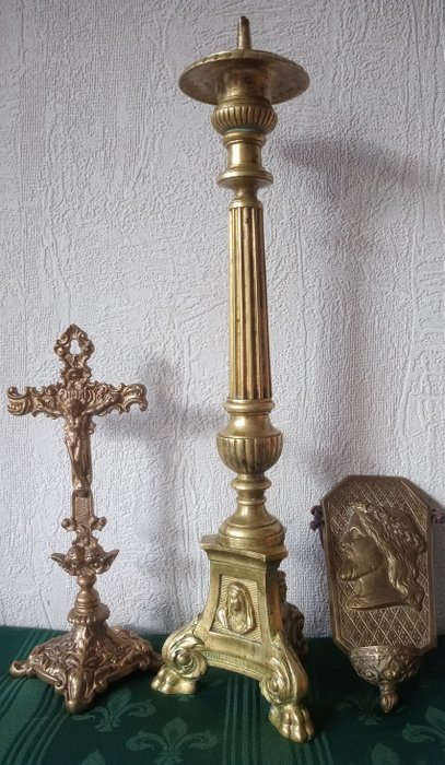 "Antique church candlestick" "Crucifix" "Holy water vessel" (3) - Baroque - Bronze