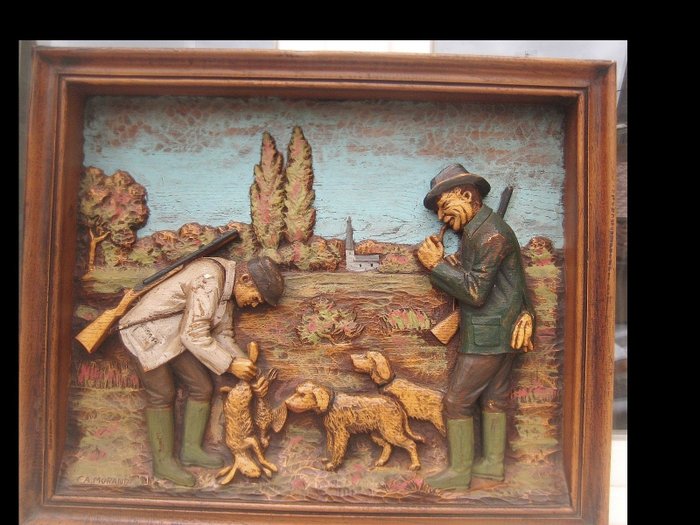 CA. MORAND - Tablou mare din lemn cu scenă de vânătoare - lemn sculptat