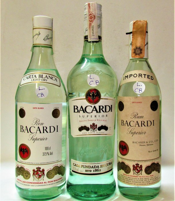 Bacardi - Superior - Carta Blanca - b. década de 1960, década de 1970, década de 1990 - 100cl, 75cl - 3 garrafas