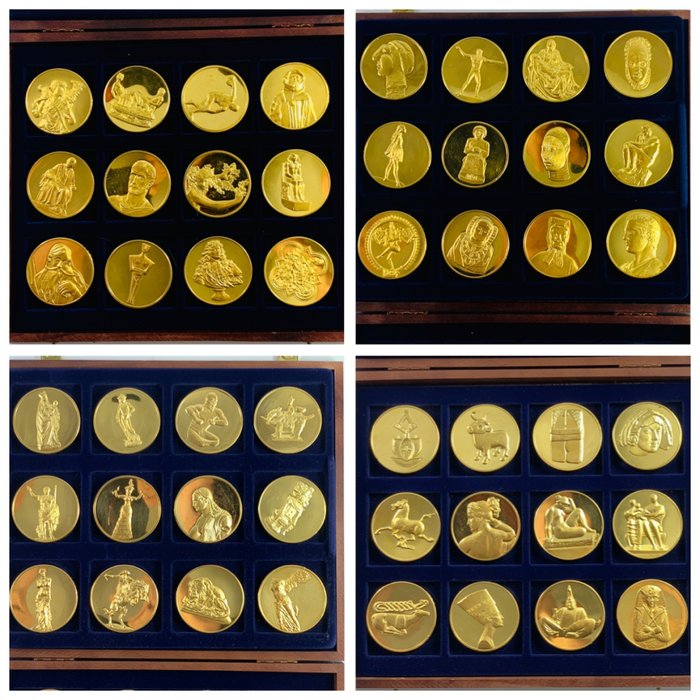 Franklin Mint - Medale / monety - wielkie rzeźby świata (48) - pr. 999 (24-karatowe złoto), Lity brąz, drewno