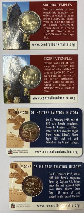 Malta. 2 Euro 2020 "Maltese Aviation History" + "Skorba Temples" (4 coincards)