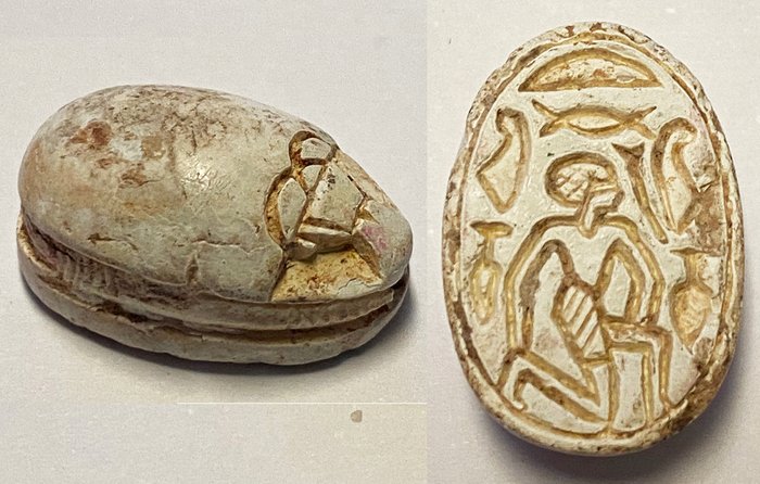 Antico Egitto Steatite Ottima qualità! Scarabeo del periodo Hyksos in steatite egizia con FIGURA 19 mm L. GRANDE.