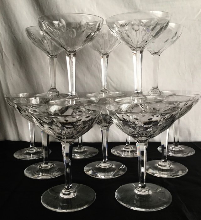 Val Saint Lambert - 14 hermosas copas de champán de cristal tallado, modelo Art Deco Nestor Hamlet - ¡Calidad superior!