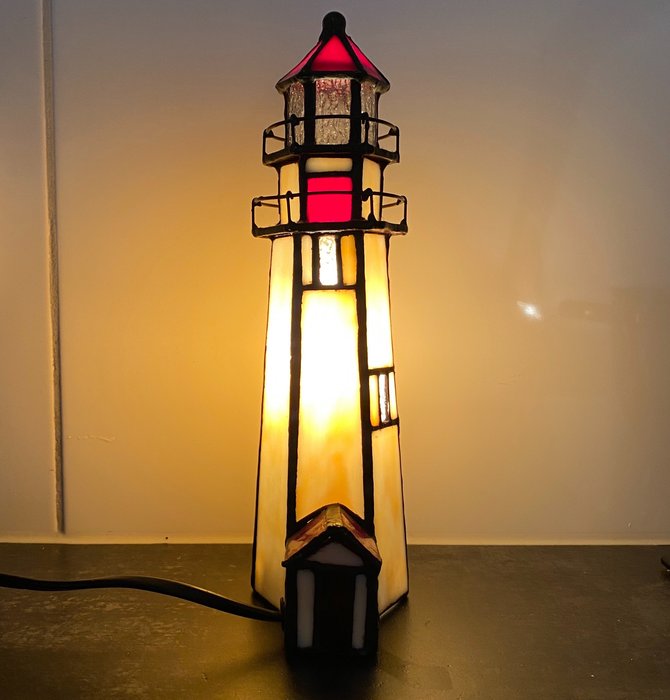 Atmospheric Lighthouse Lamp 1990s, Stained Glass Lighthouse Lamp