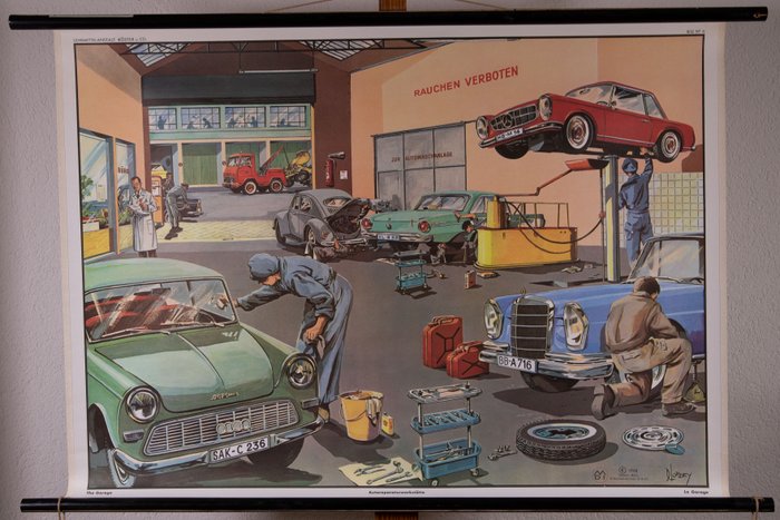 D. Lordey - Lehrmittelanstalt Koster & Co. 1968 - Bellissimo poster vecchia scuola originale Garage VW Mercedes DKW-Audi - Lino