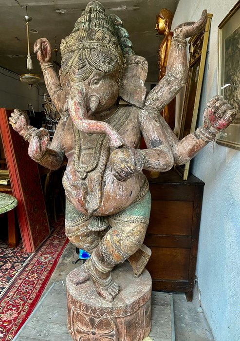 Beeld, Staand figuur (1) – Hout – Ganesha – India – Tweede helft 20e eeuw