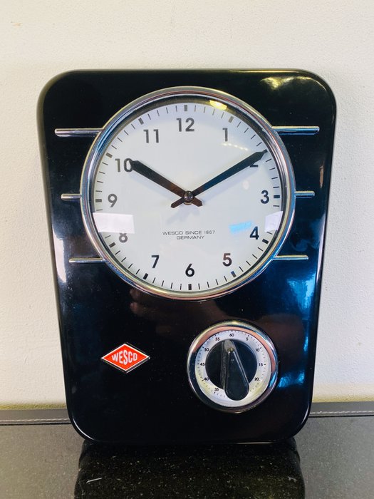 Wesco - Horloge de cuisine rétro de haute qualité avec minuterie - USA - 31 cm - Acier, Verre
