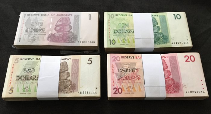 Zimbabwe. - 100 x 1, 100 x 5, 100 x 10, 100 x 20 Dollars 2008 - Pick 65, 66, 67, 68  (Ingen reservasjonspris)